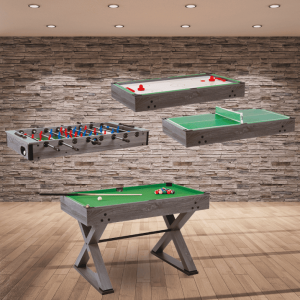 Petit billard en bois couleur industriel avec ses plateaux de jeux supplémentaire (Air Hockey, Ping-Pong et Baby-foot)