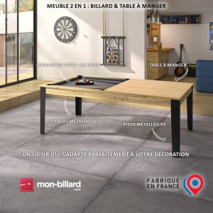 Quoi de mieux que d'Offrir un billard pour Noël avec le modèle Elio ? Billard bois clair pied en métal dans une pièce design. Le tapis est gris et il y a un plateau sur le côté droit. 