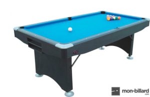 Billard noir avec tapis bleu, les billes sont sur le plateau de jeu