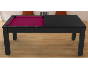 Billard table classique avec une couleur noir et un tapis de couleur prune, un plateau recouvre la partie droite du billard. 