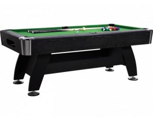 Billard américain noir avec tapis vert, grosse caisse avec des petites pieds