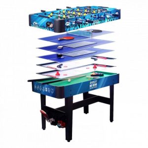 Table bleu de Petit billard avec des plateaux au dessus présentant tous les jeux disponible (baby-foot, ping-pong, Air Hockey...)